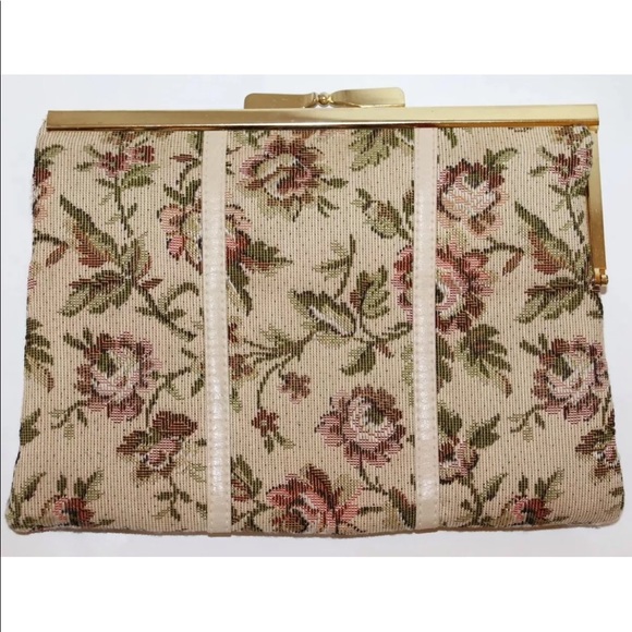 Vintage Carpet Tapestry Women JR Bag Purse Frame Gold Floral Canada - Picture 5 of 7